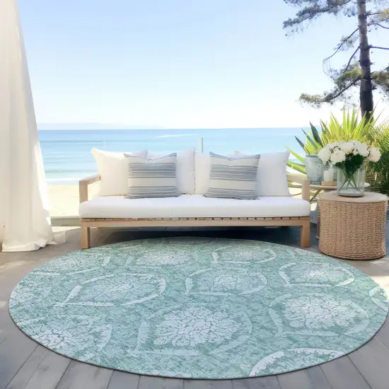 8' Turquoise Teal Blue And Ivory Round Medallion Washable Indoor Outdoor Area Rug Photo 6
