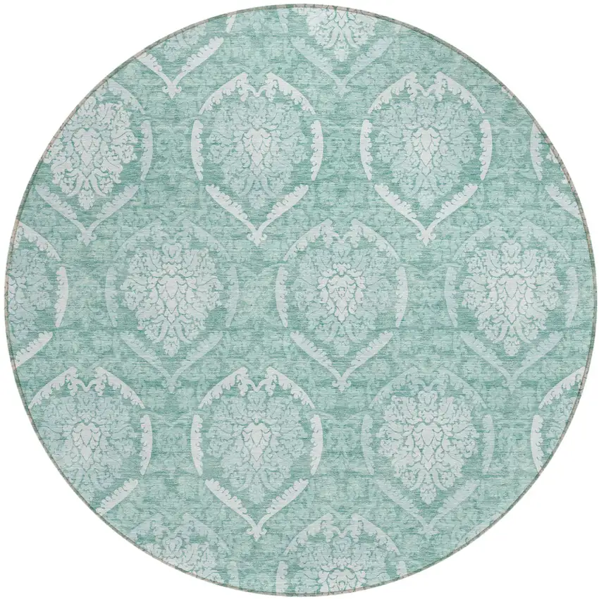 8' Turquoise Teal Blue And Ivory Round Medallion Washable Indoor Outdoor Area Rug Photo 2
