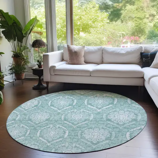 8' Turquoise Teal Blue And Ivory Round Medallion Washable Indoor Outdoor Area Rug Photo 7