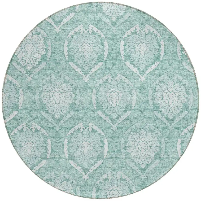 8' Turquoise Teal Blue And Ivory Round Medallion Washable Indoor Outdoor Area Rug Photo 5