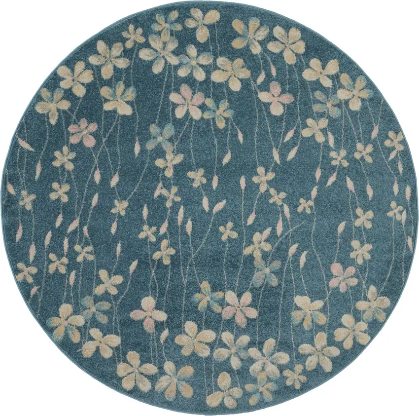 5' Turquoise and Cream Botanical Leaves Round Rug Photo 2