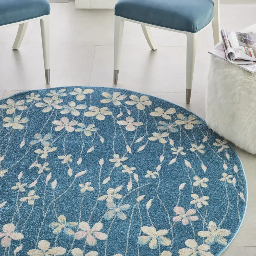 5' Turquoise and Cream Botanical Leaves Round Rug Photo 6
