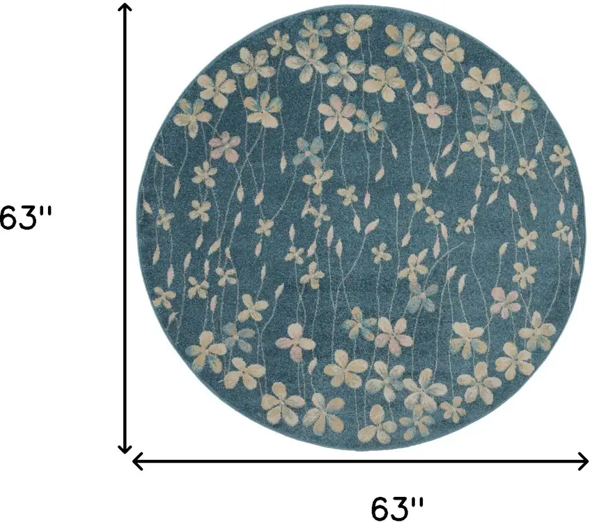 5' Turquoise and Cream Botanical Leaves Round Rug Photo 3