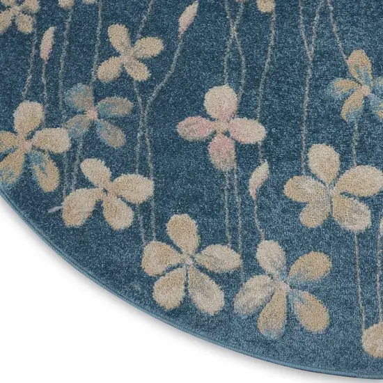 5' Turquoise and Cream Botanical Leaves Round Rug Photo 7