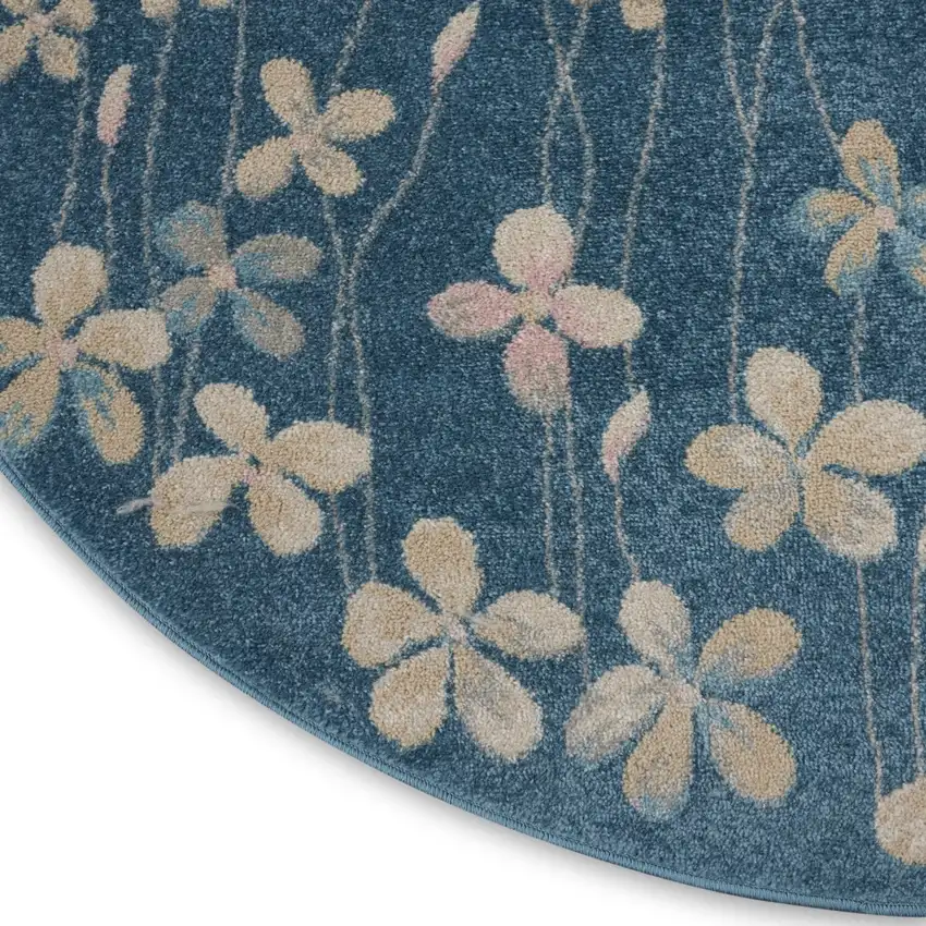 5' Turquoise and Cream Botanical Leaves Round Rug Photo 7