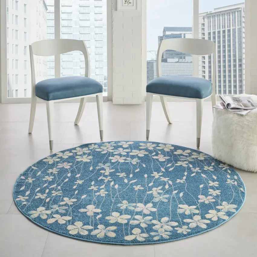 5' Turquoise and Cream Botanical Leaves Round Rug Photo 5