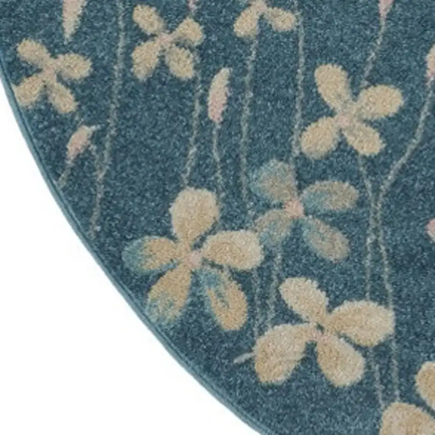 5' Turquoise and Cream Botanical Leaves Round Rug Photo 8