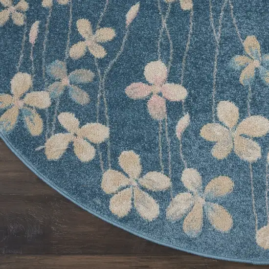 5' Turquoise and Cream Botanical Leaves Round Rug Photo 9