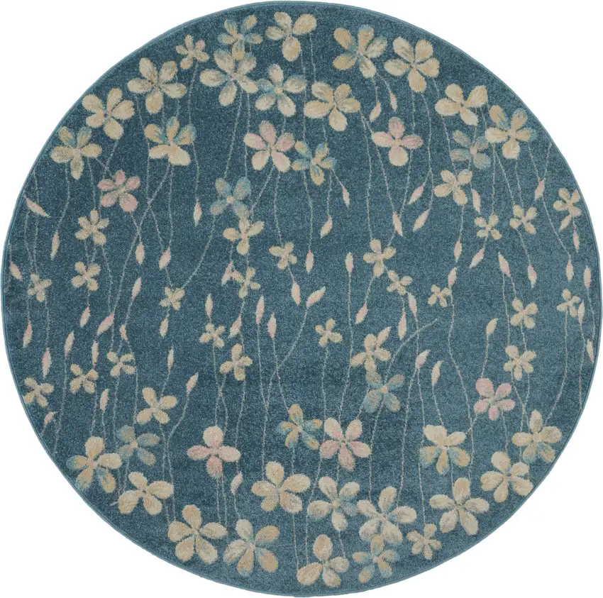 5' Turquoise and Cream Botanical Leaves Round Rug Photo 1