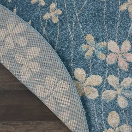 5' Turquoise and Cream Botanical Leaves Round Rug Photo 8