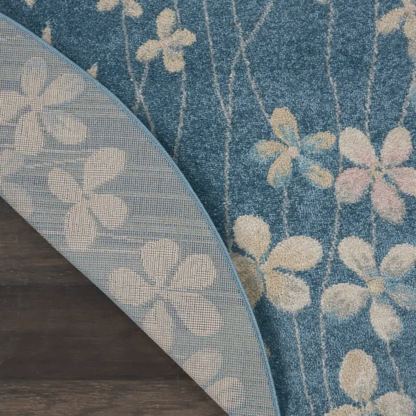 5' Turquoise and Cream Botanical Leaves Round Rug Photo 8