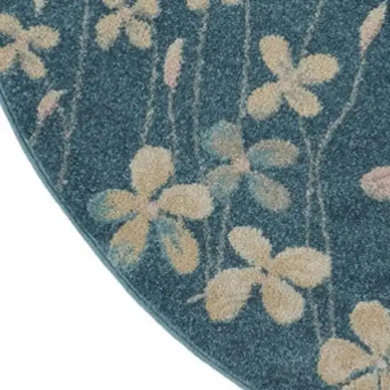 5' Turquoise and Cream Botanical Leaves Round Rug Photo 4