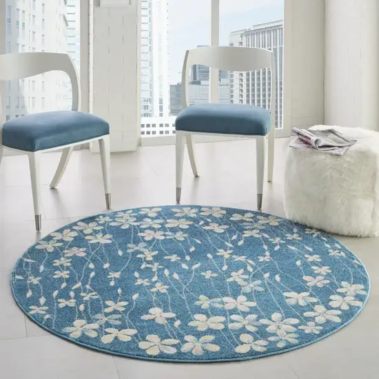 5' Turquoise and Cream Botanical Leaves Round Rug Photo 7