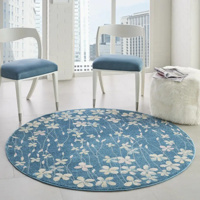 5' Turquoise and Cream Botanical Leaves Round Rug Photo 7