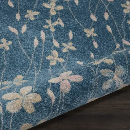 5' Turquoise and Cream Botanical Leaves Round Rug Photo 9