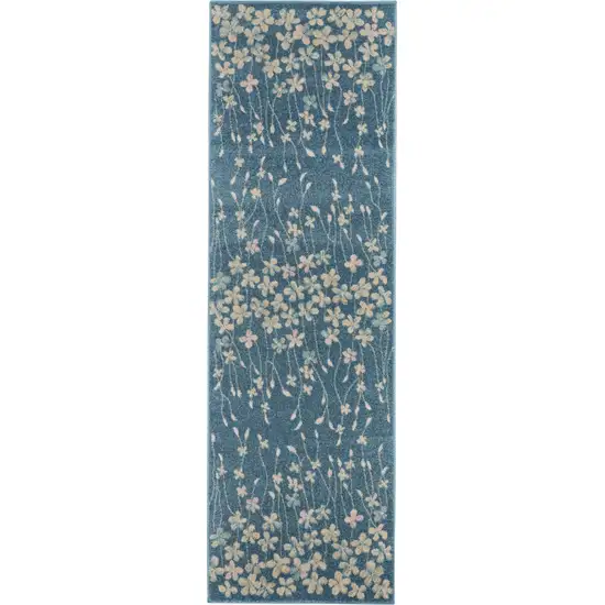 7' Turquoise and Cream Botanical Leaves Runner Rug Photo 1