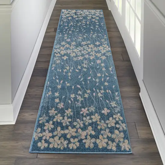 7' Turquoise and Cream Botanical Leaves Runner Rug Photo 3