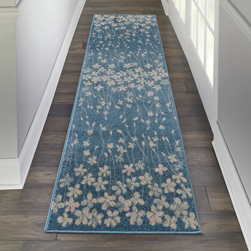 7' Turquoise and Cream Botanical Leaves Runner Rug Photo 3