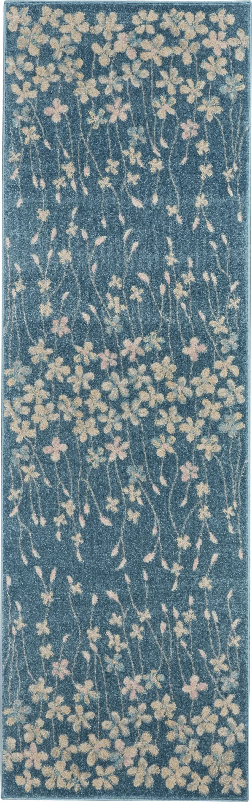 7' Turquoise and Cream Botanical Leaves Runner Rug Photo 2