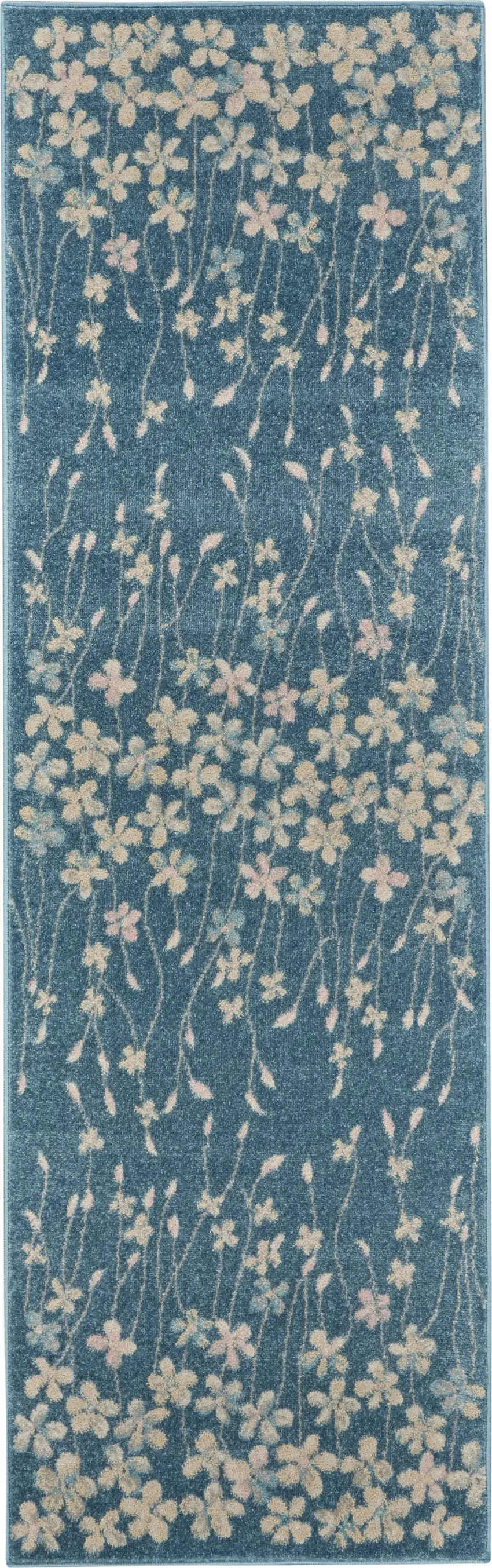 7' Turquoise and Cream Botanical Leaves Runner Rug Photo 4