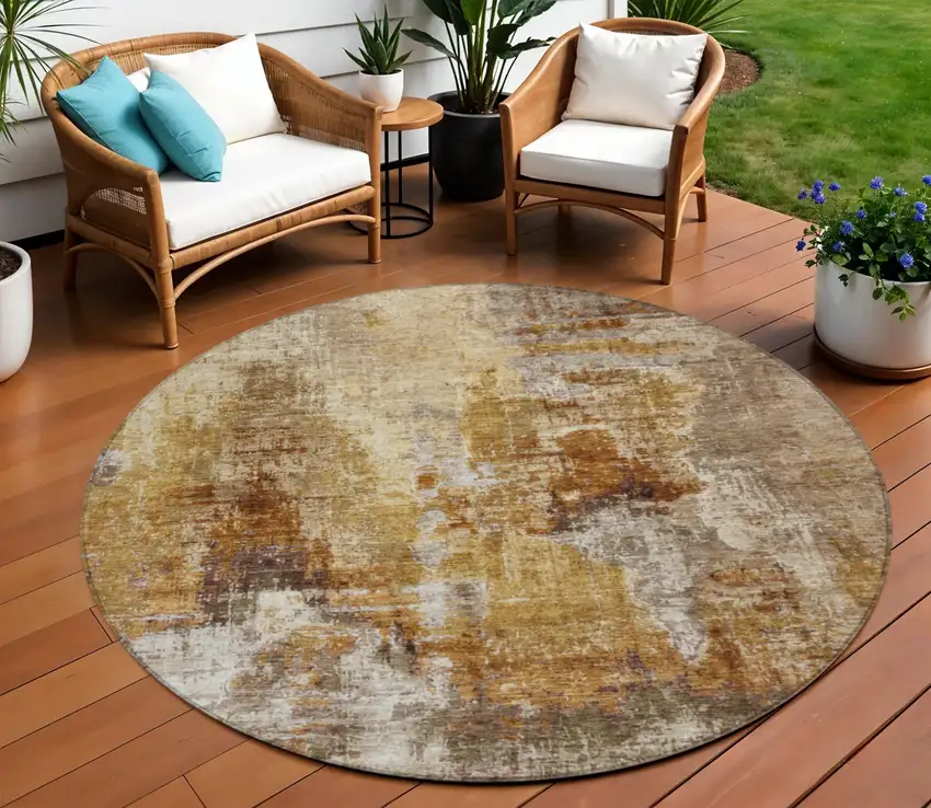 8' Walnut And Beige Round Abstract Washable Indoor Outdoor Area Rug Photo 1