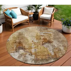 Photo of 8' Walnut And Beige Round Abstract Washable Indoor Outdoor Area Rug