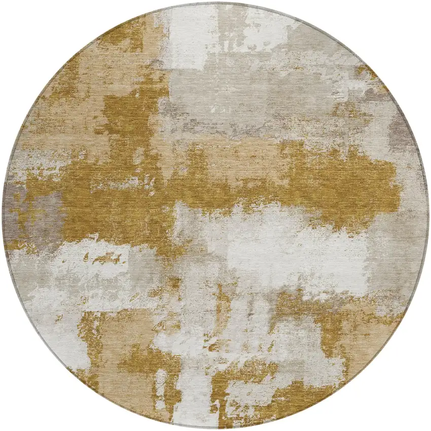 8' Walnut And Gold Round Abstract Washable Indoor Outdoor Area Rug Photo 1