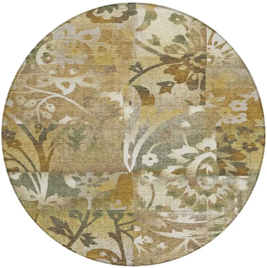 8' Walnut And Gold Round Botanical Leaves Washable Indoor Outdoor Area Rug Photo 1