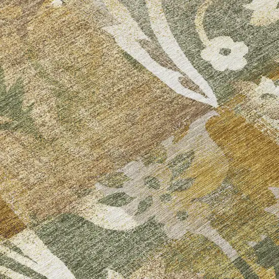 8' Walnut And Gold Round Botanical Leaves Washable Indoor Outdoor Area Rug Photo 5