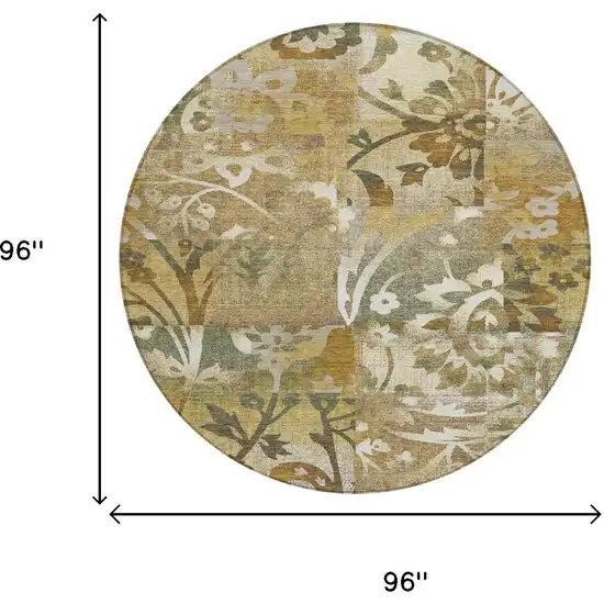 8' Walnut And Gold Round Botanical Leaves Washable Indoor Outdoor Area Rug Photo 6