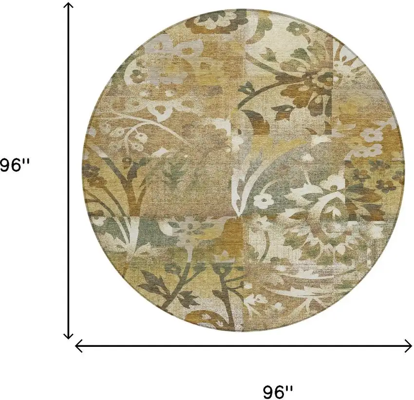8' Walnut And Gold Round Botanical Leaves Washable Indoor Outdoor Area Rug Photo 6