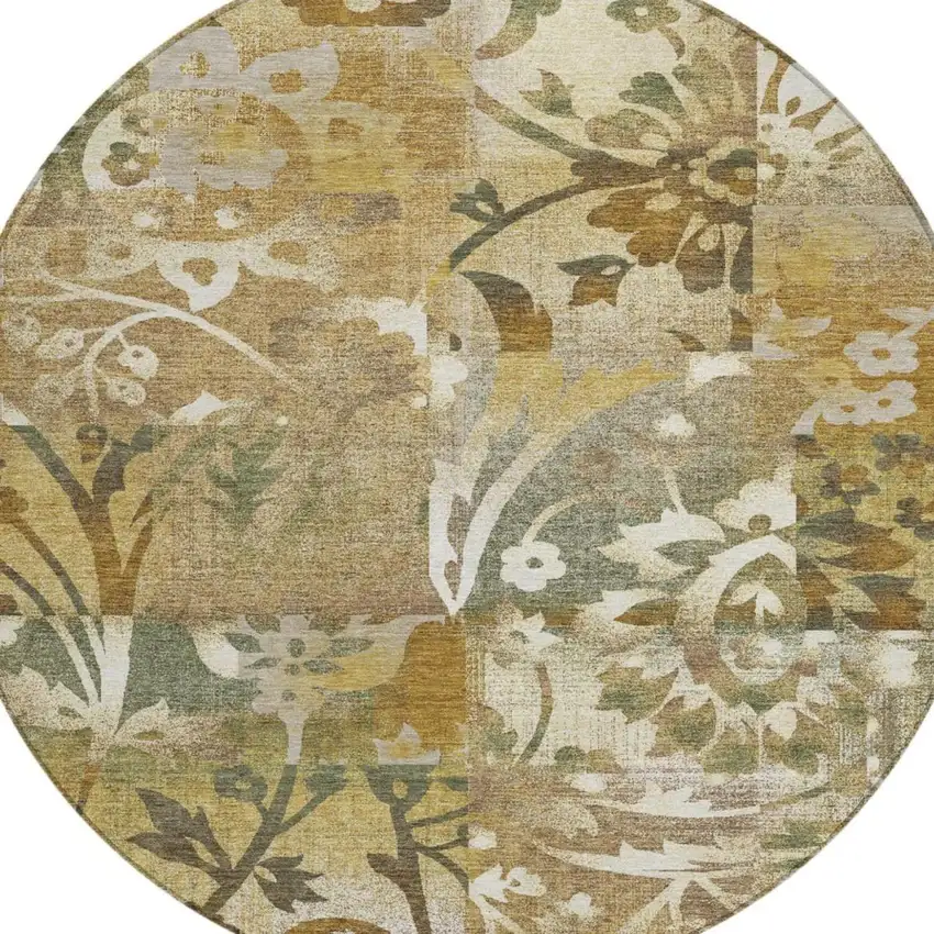 8' Walnut And Gold Round Botanical Leaves Washable Indoor Outdoor Area Rug Photo 2