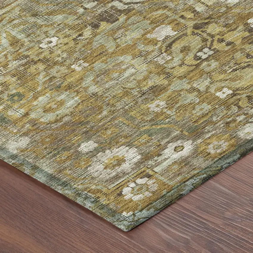 8' Walnut And Gold Round Floral Medallion Washable Indoor Outdoor Area Rug Photo 3