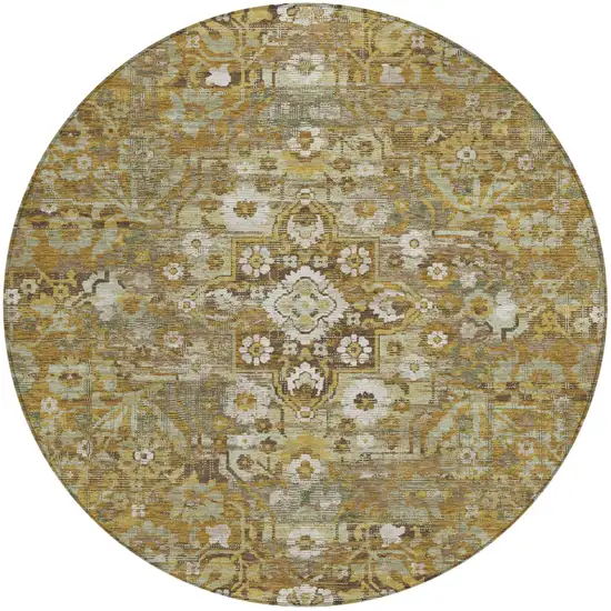 8' Walnut And Gold Round Floral Medallion Washable Indoor Outdoor Area Rug Photo 2