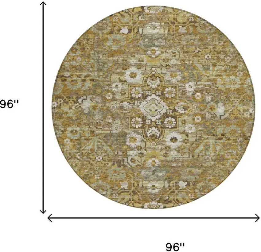 8' Walnut And Gold Round Floral Medallion Washable Indoor Outdoor Area Rug Photo 5