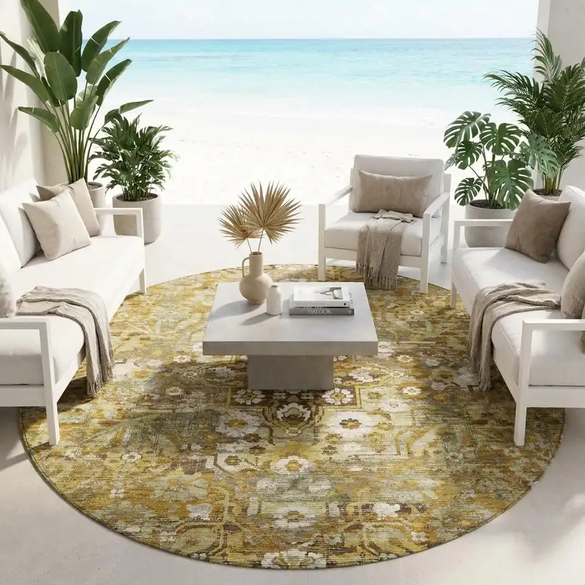 8' Walnut And Gold Round Floral Medallion Washable Indoor Outdoor Area Rug Photo 1