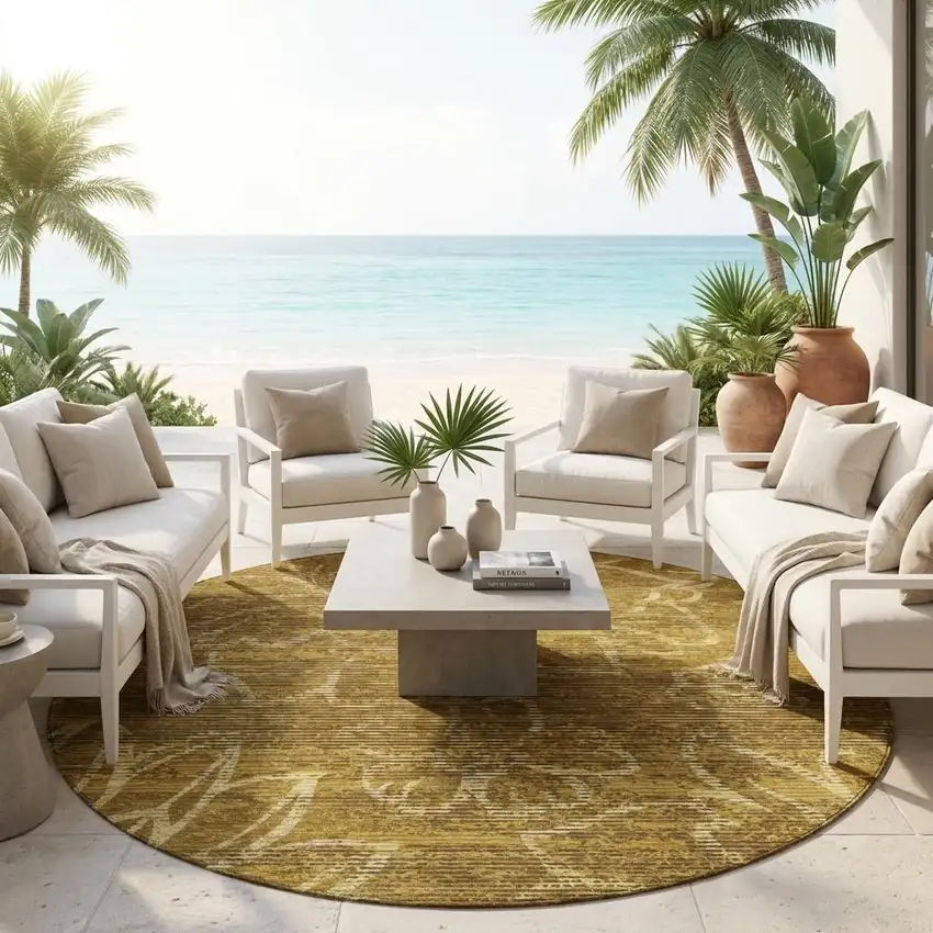 8' Walnut And Gold Round Floral Washable Indoor Outdoor Area Rug Photo 1