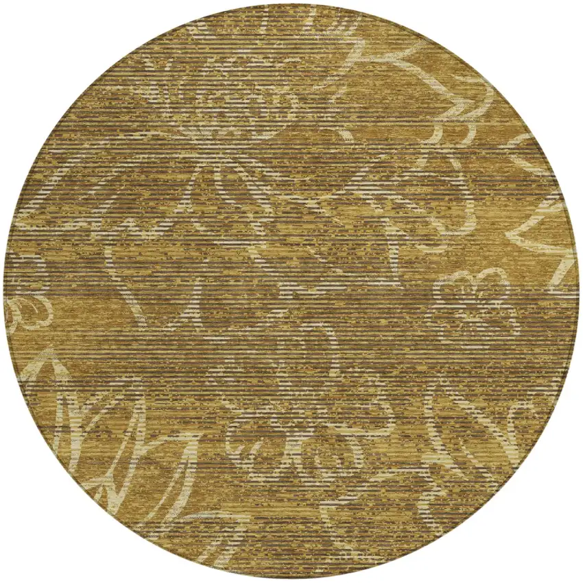 8' Walnut And Gold Round Floral Washable Indoor Outdoor Area Rug Photo 2