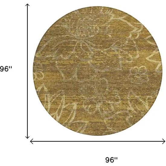 8' Walnut And Gold Round Floral Washable Indoor Outdoor Area Rug Photo 5