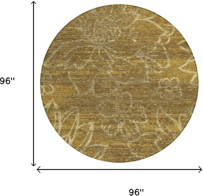 8' Walnut And Gold Round Floral Washable Indoor Outdoor Area Rug Photo 5