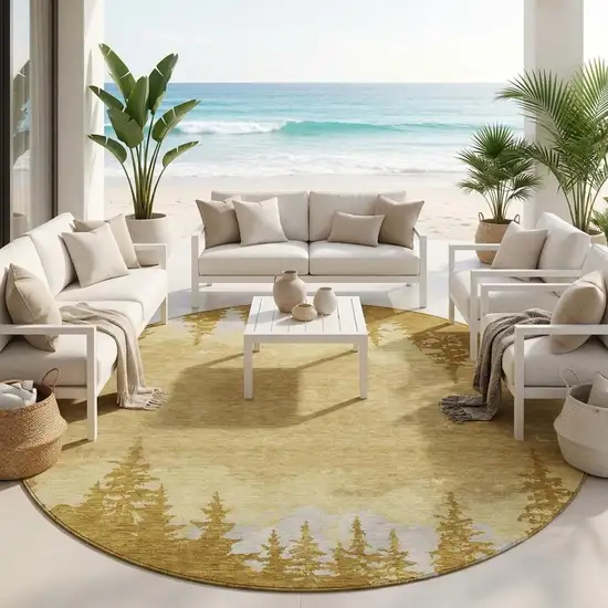 8' Walnut And Gold Round Floral Washable Indoor Outdoor Area Rug Photo 1