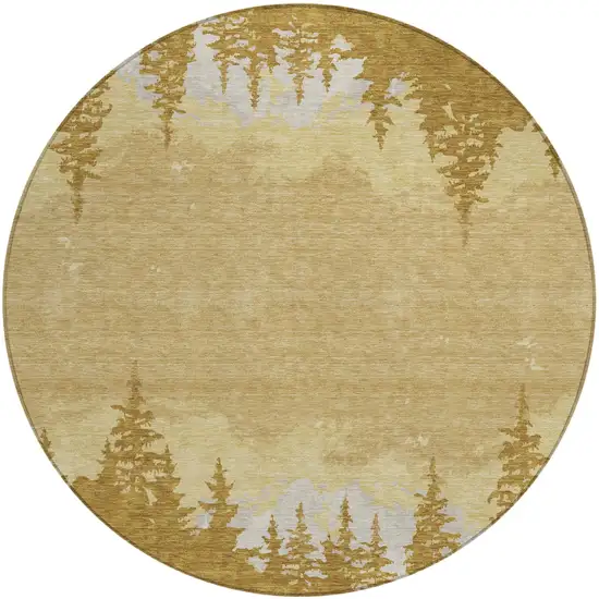 8' Walnut And Gold Round Floral Washable Indoor Outdoor Area Rug Photo 2
