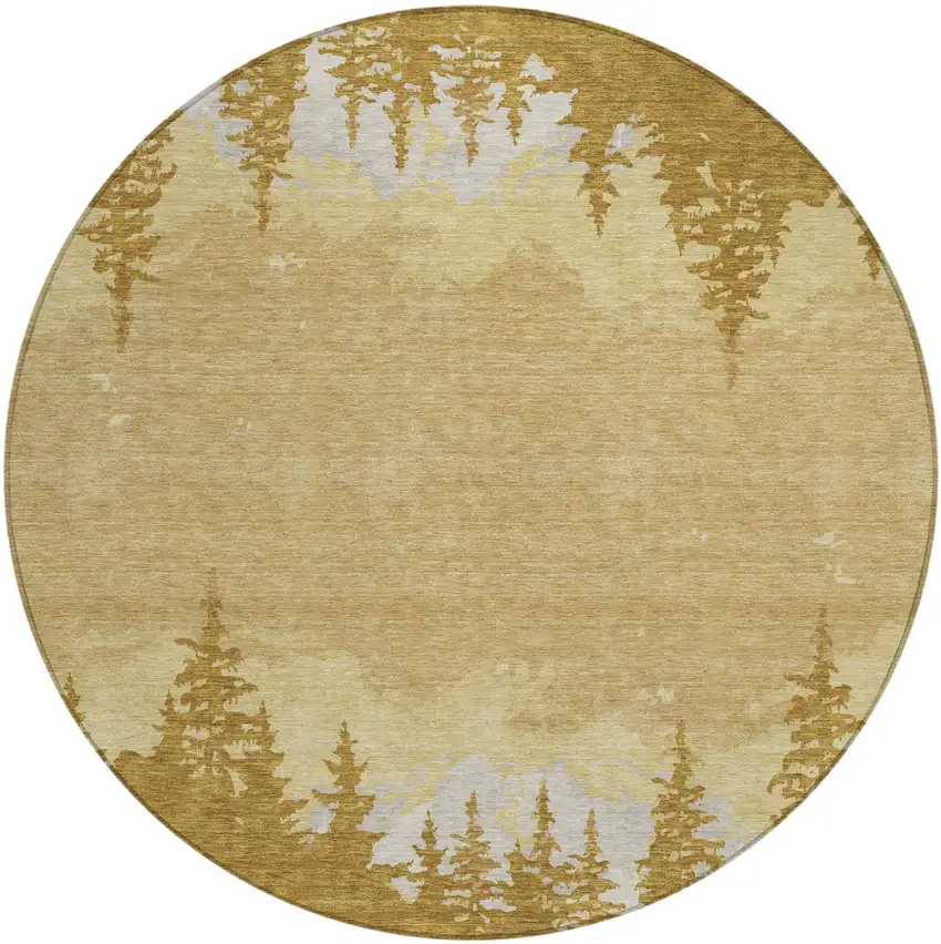 8' Walnut And Gold Round Floral Washable Indoor Outdoor Area Rug Photo 2