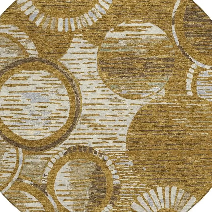 8' Walnut And Gold Round Geometric Washable Indoor Outdoor Area Rug Photo 2