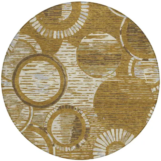 8' Walnut And Gold Round Geometric Washable Indoor Outdoor Area Rug Photo 1
