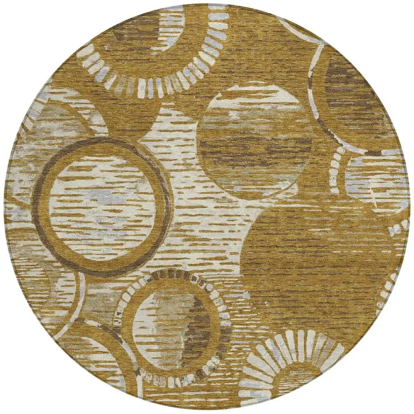 8' Walnut And Gold Round Geometric Washable Indoor Outdoor Area Rug Photo 3