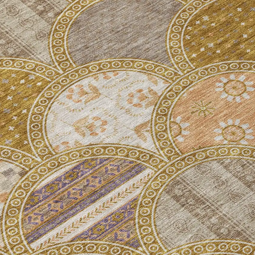 8' Walnut And Gold Round Geometric Washable Indoor Outdoor Area Rug Photo 4