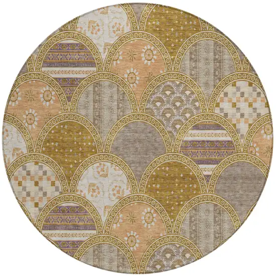 8' Walnut And Gold Round Geometric Washable Indoor Outdoor Area Rug Photo 2