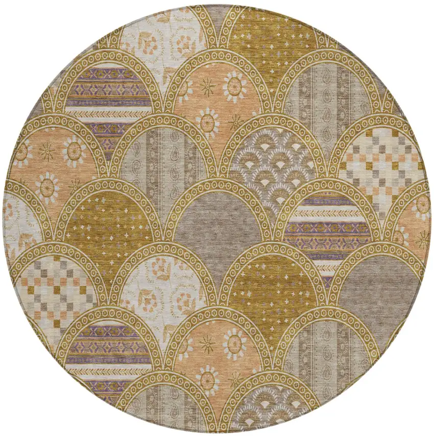 8' Walnut And Gold Round Geometric Washable Indoor Outdoor Area Rug Photo 2