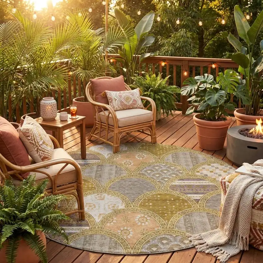 8' Walnut And Gold Round Geometric Washable Indoor Outdoor Area Rug Photo 1